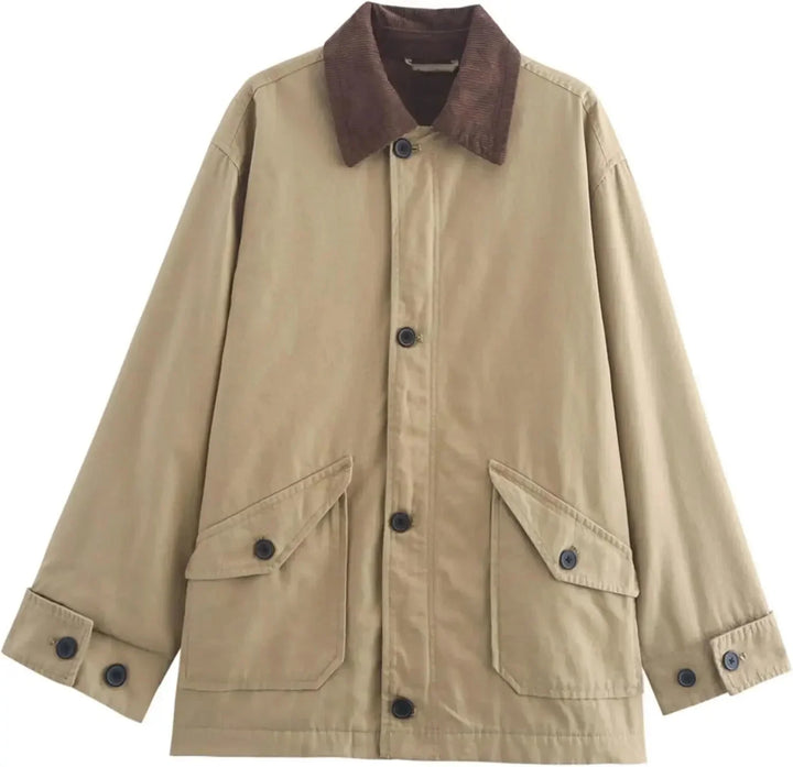 Women's Oversized Jacket with Contrast Collar and Button Front