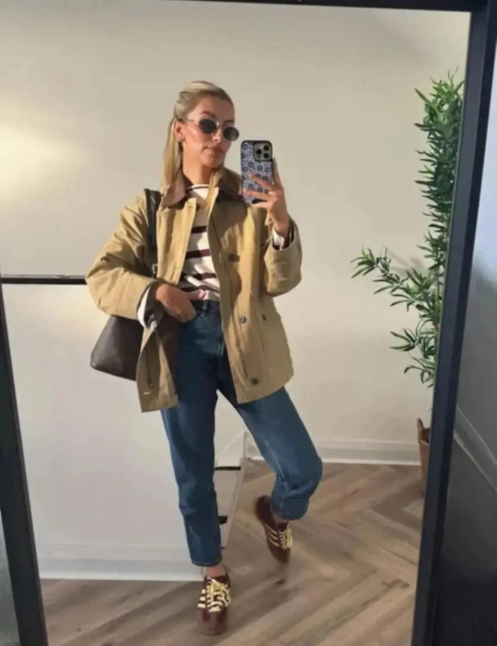 Women's Oversized Jacket with Contrast Collar and Button Front