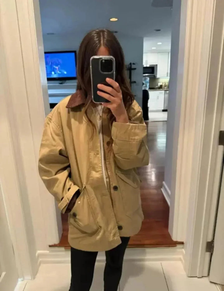 Women's Oversized Jacket with Contrast Collar and Button Front