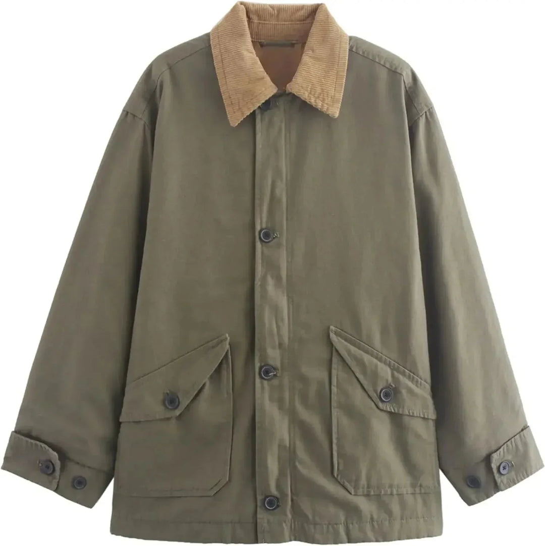 Women's Oversized Jacket with Contrast Collar and Button Front