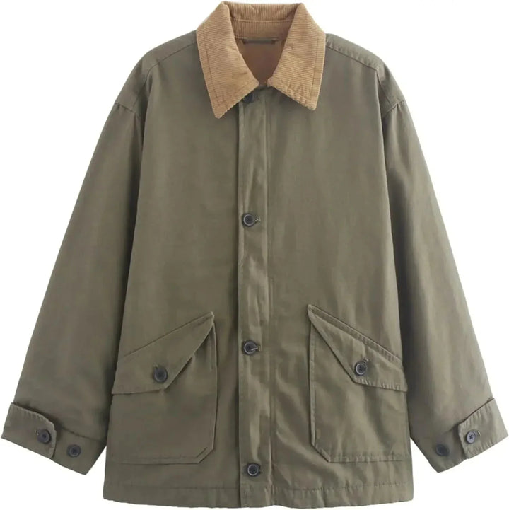 Women's Oversized Jacket with Contrast Collar and Button Front