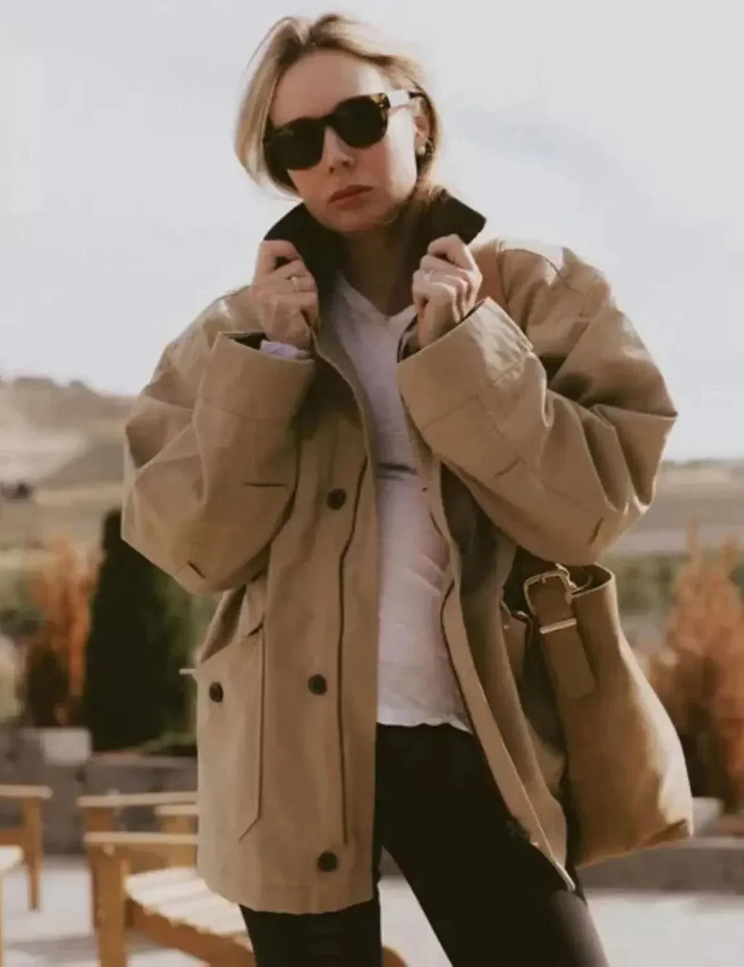Women's Oversized Jacket with Contrast Collar and Button Front