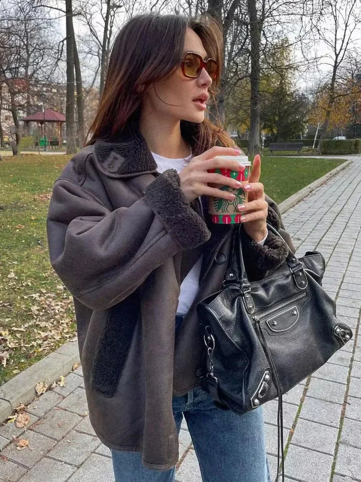 Women's Oversized Jacket with High Neck and Button Front