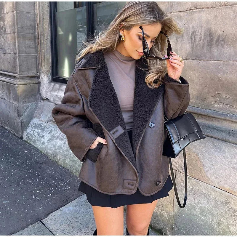 Women's Oversized Jacket with High Neck and Button Front