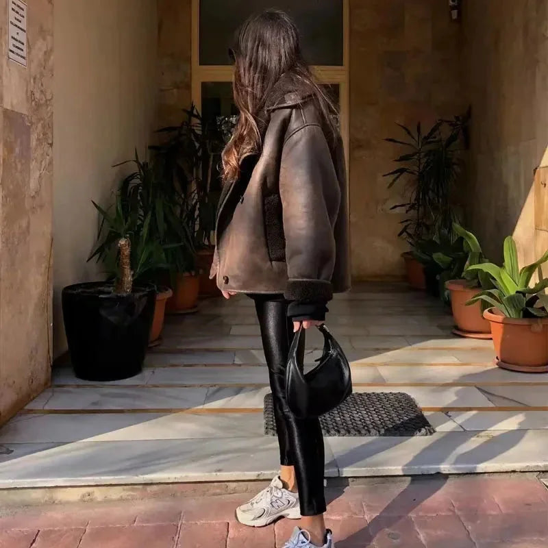 Women's Oversized Jacket with High Neck and Button Front