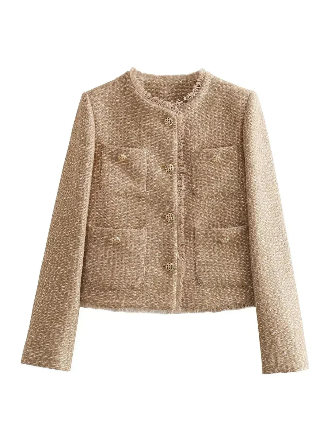 Women's Cropped Jacket with Round Neck and Button Front