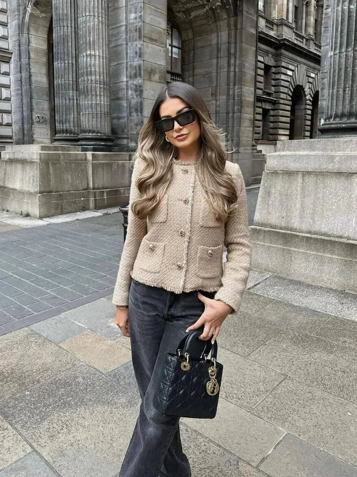 Women's Cropped Jacket with Round Neck and Button Front