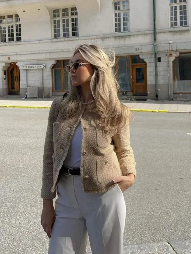Women's Cropped Jacket with Round Neck and Button Front