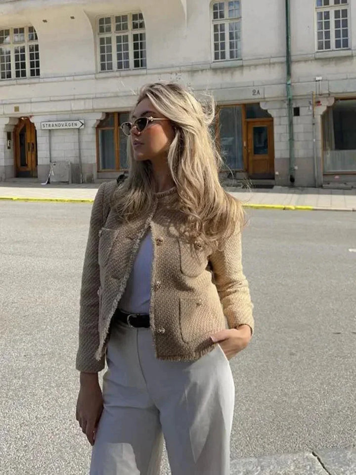 Women's Cropped Jacket with Round Neck and Button Front