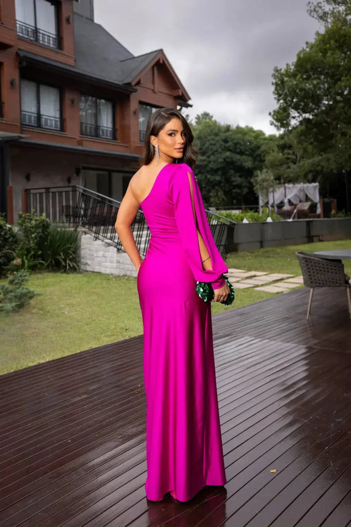 Women's One Shoulder Maxi Dress with Ruched Waist and Thigh Split