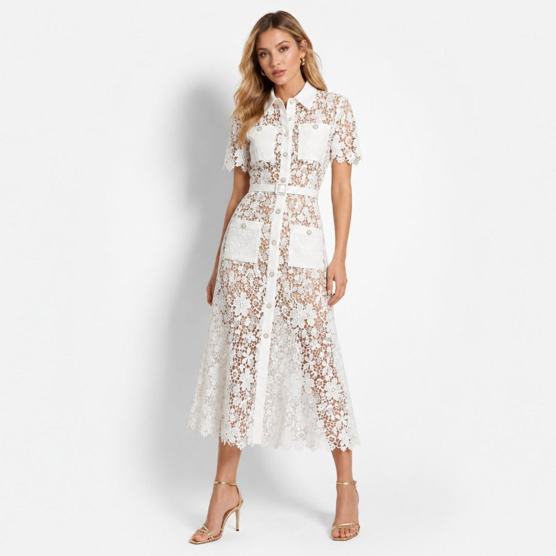 Women's Wedding Guest Floral Midi Dress with Tie Waist