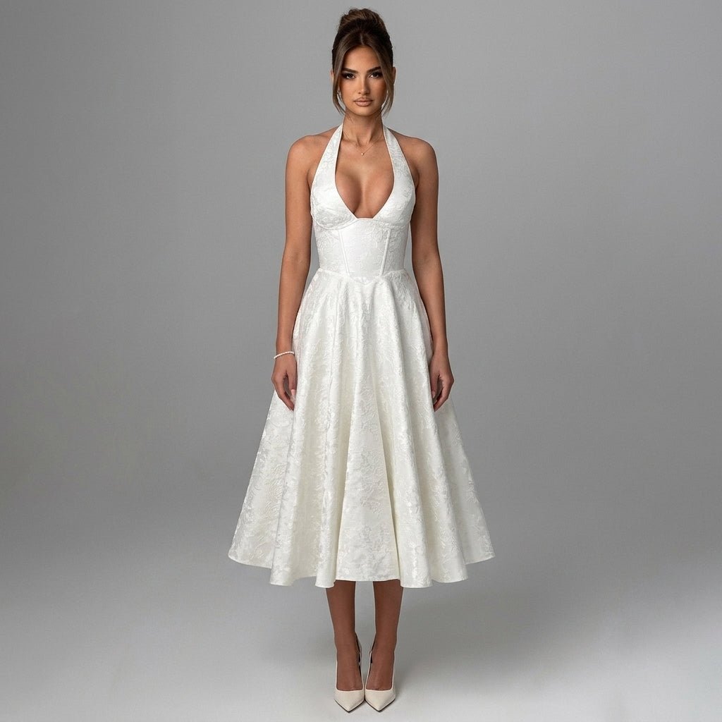 Women's Wedding Guest Halter Midi Dress with A-Line Skirt