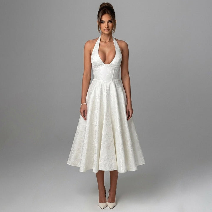 Women's Wedding Guest Halter Midi Dress with A-Line Skirt