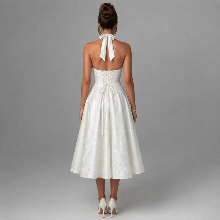 Women's Wedding Guest Halter Midi Dress with A-Line Skirt