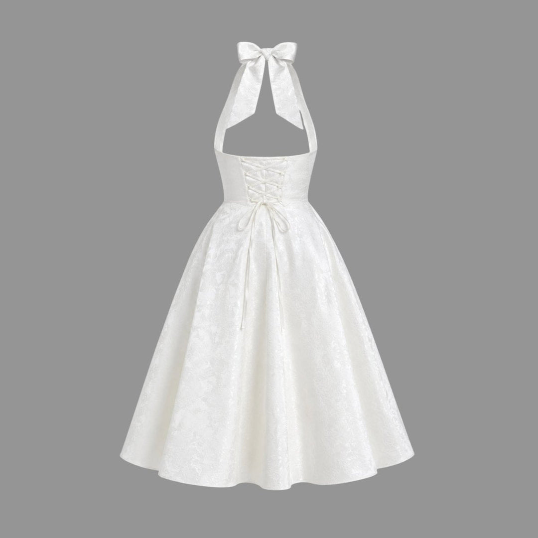 Women's Wedding Guest Halter Midi Dress with A-Line Skirt