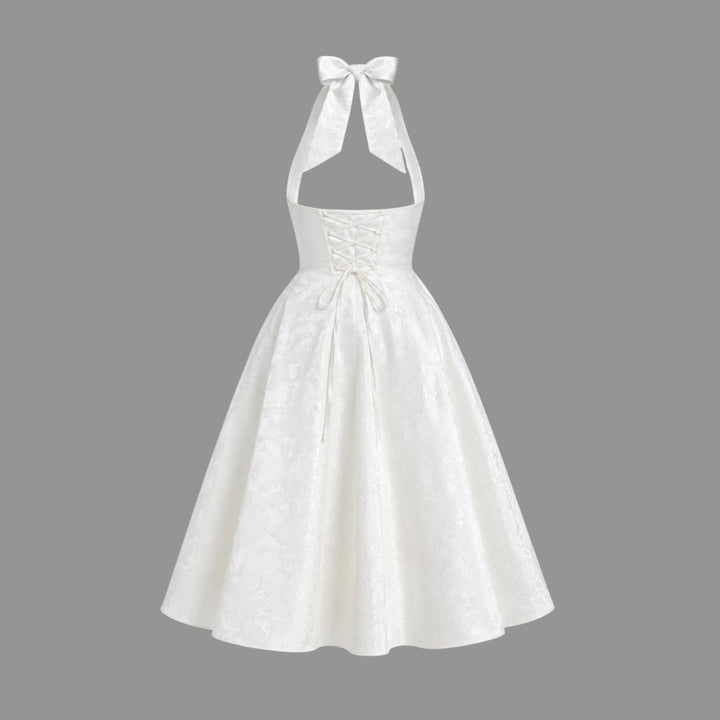 Women's Wedding Guest Halter Midi Dress with A-Line Skirt