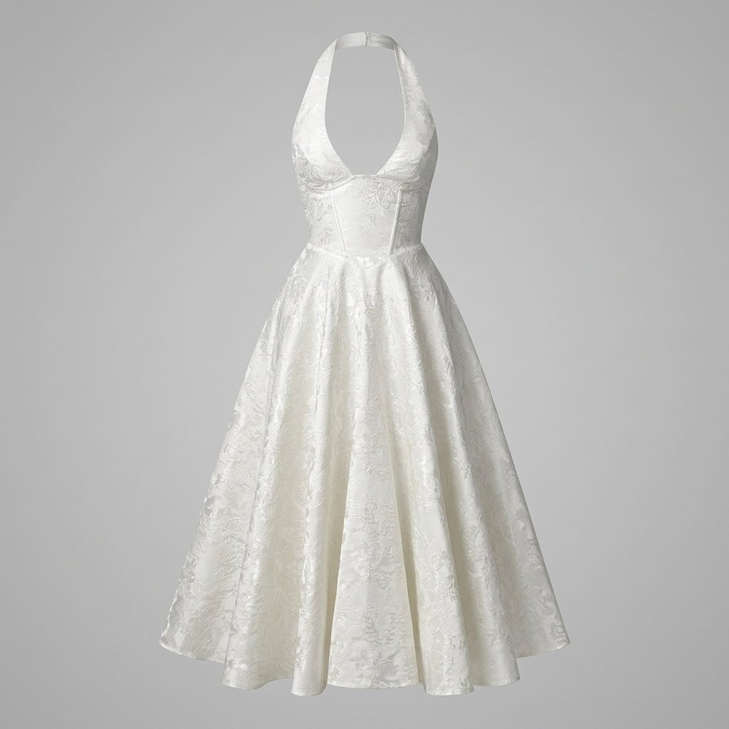 Women's Wedding Guest Halter Midi Dress with A-Line Skirt