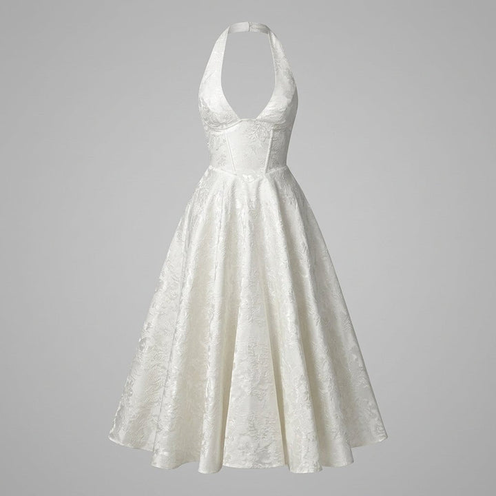 Women's Wedding Guest Halter Midi Dress with A-Line Skirt