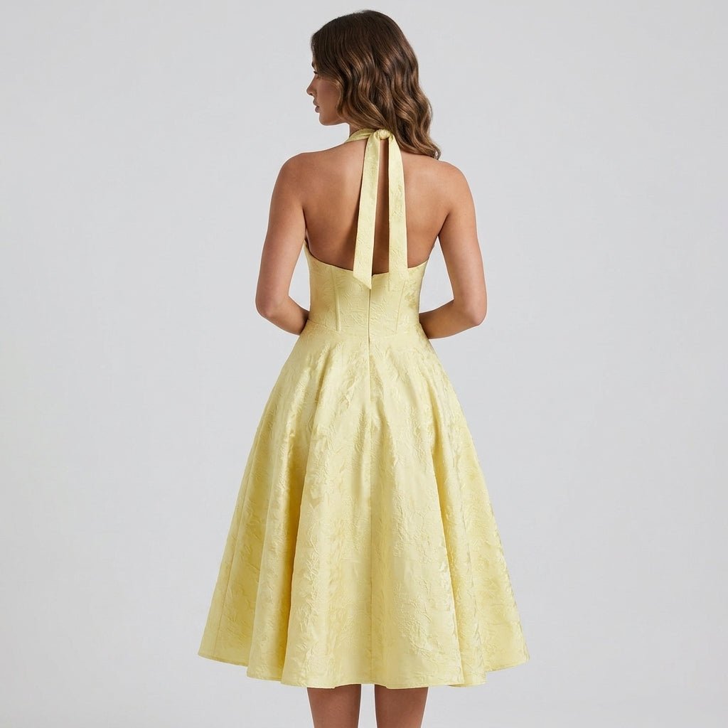 Women's Wedding Guest Halter Midi Dress with A-Line Skirt