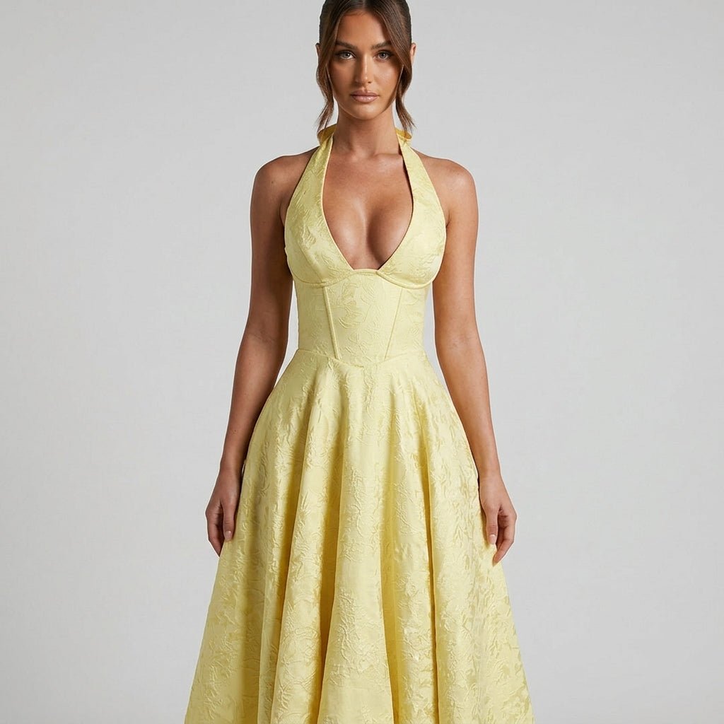 Women's Wedding Guest Halter Midi Dress with A-Line Skirt