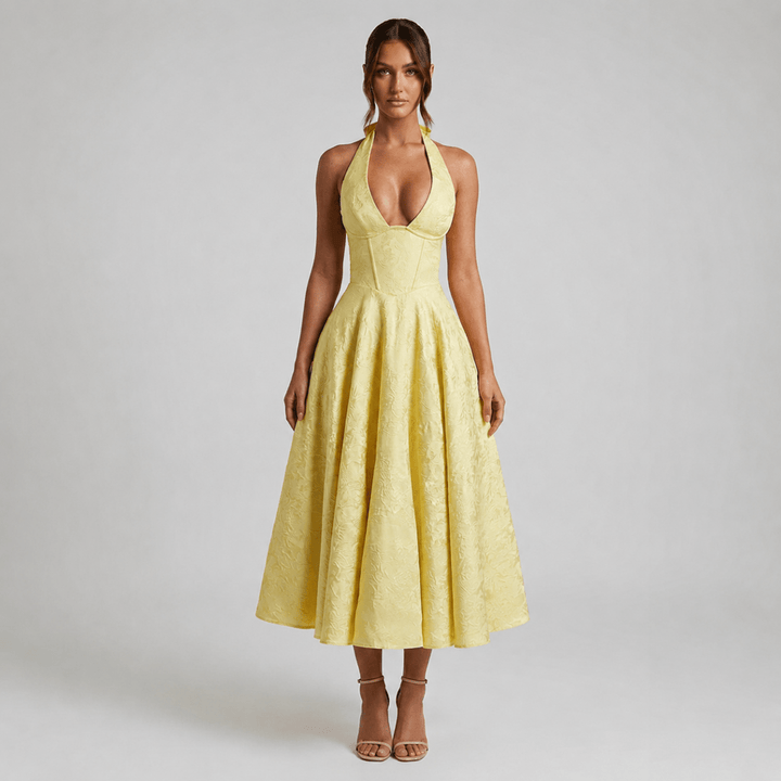 Women's Wedding Guest Halter Midi Dress with A-Line Skirt