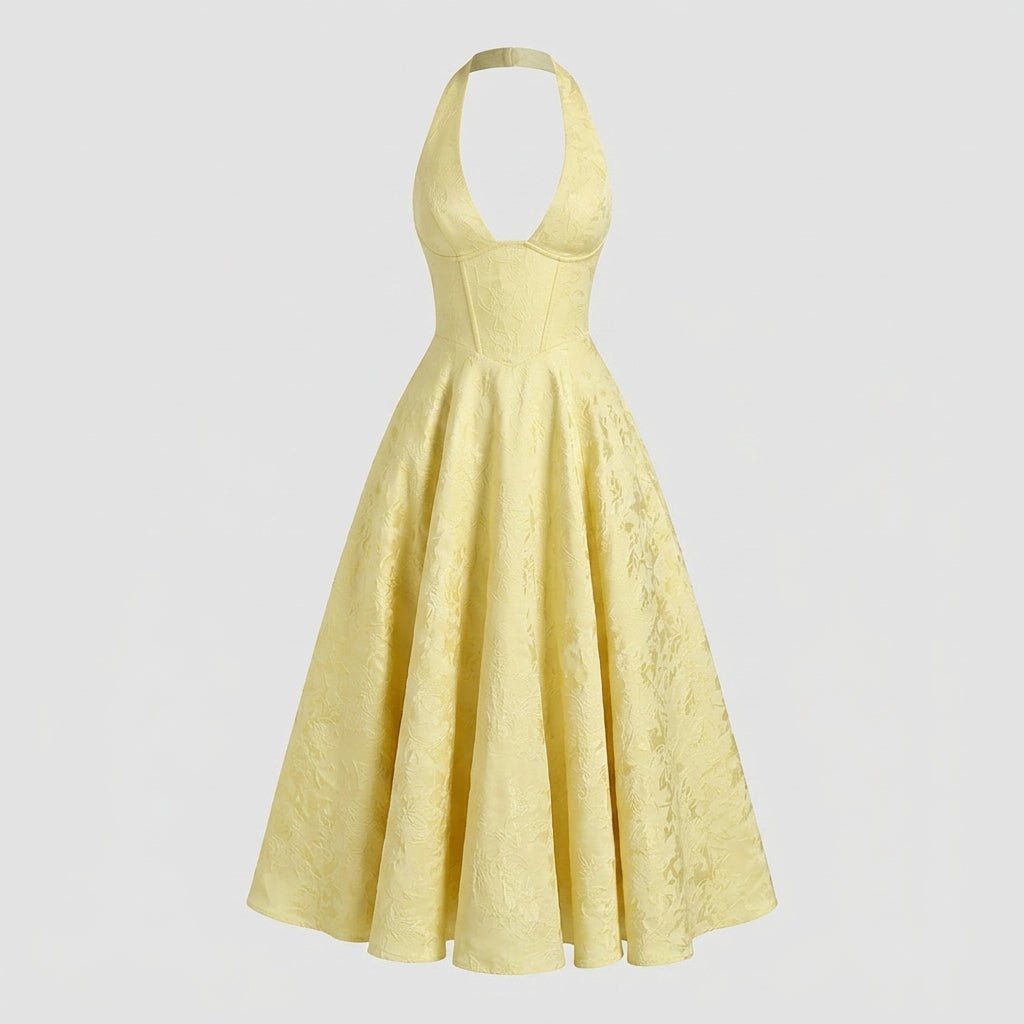 Women's Wedding Guest Halter Midi Dress with A-Line Skirt