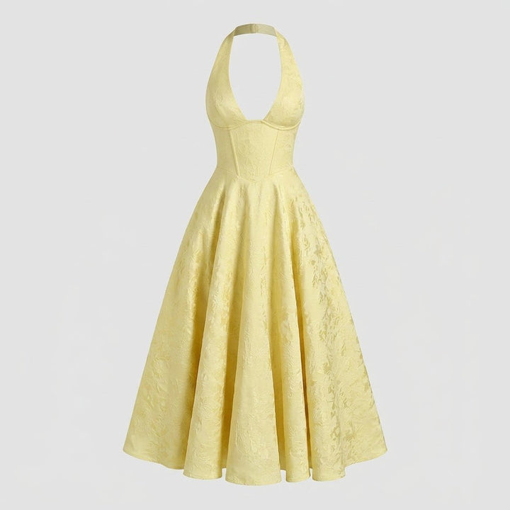 Women's Wedding Guest Halter Midi Dress with A-Line Skirt