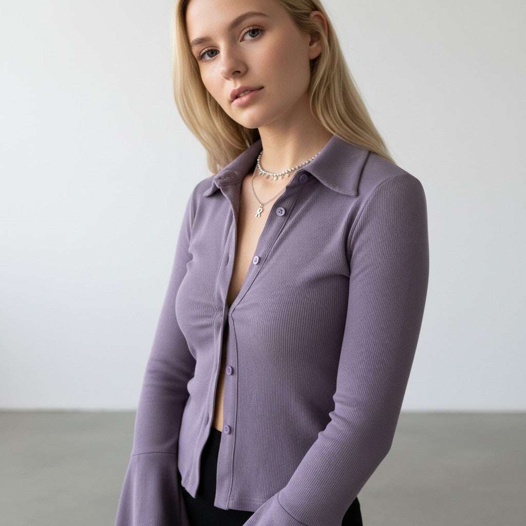 Women's Ribbed Top with Collared Neckline and Long Sleeves