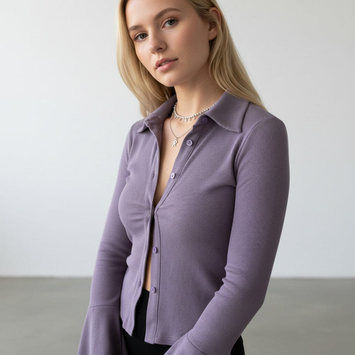 Women's Ribbed Top with Collared Neckline and Long Sleeves
